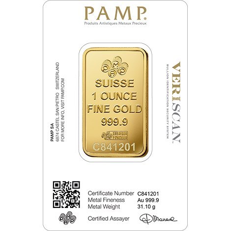 Sztabka złota 1 oz PAMP Fortuna – wizerunek bogini Fortuny, czyste złoto 999,9, opakowanie CertiPAMP, certyfikat autentyczności