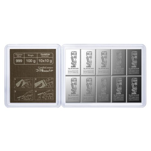 Sztabka CombiCoin Valcambi 10 x 10 g – dzielona sztabka srebrna o wadze 100 g w blistrze ochronnym
