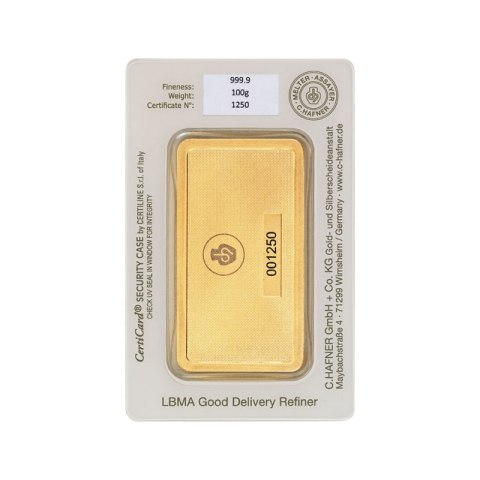 100g złota sztabka C.Hafner – bita forma w certyfikowanym blistrze