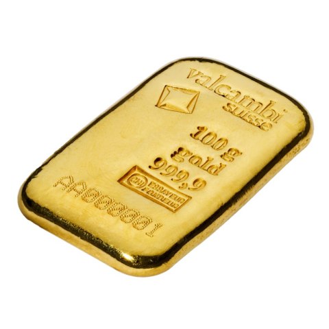 100g Złota Sztabka Valcambi odlewana w plastikowym opakowaniu – czyste złoto 999.9