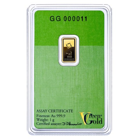 1 g sztabka złota Valcambi Green Gold z certyfikatem i numerem seryjnym w opakowaniu blister