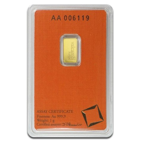 1 g Złota Sztabka Valcambi Suisse w certyfikowanym opakowaniu z próbą 999,9