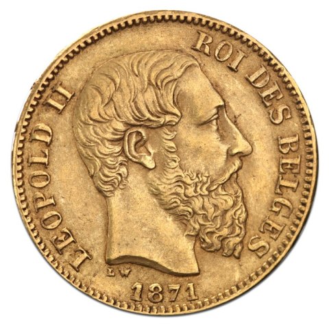Złota moneta 20 Franków Belgia z Leopoldem II 1876–1882