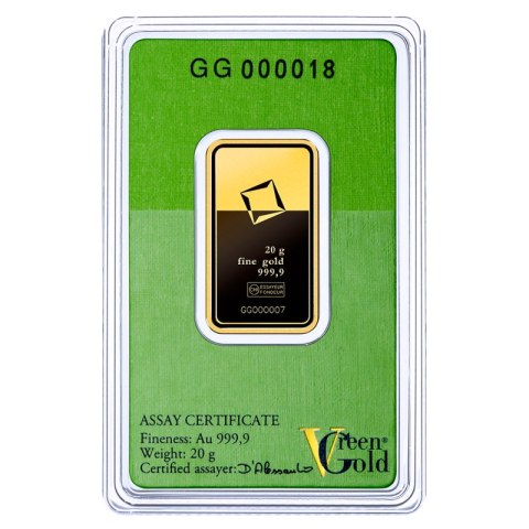 20 g sztabka złota Valcambi Green Gold w opakowaniu CertiPack™ z certyfikatem