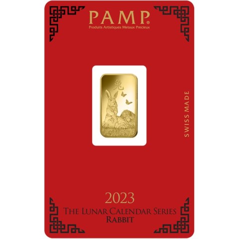 Złota sztabka 5g Lunar Królik 2023 od PAMP Suisse – czystość 999,9, blister CertiPack z motywem chińskiego zodiaku