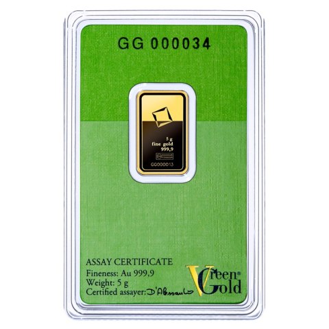 5g złota sztabka Valcambi Green Gold – front z logo i numerem