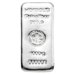 1 kg srebrna sztabka Heraeus – odlewana sztabka próby 999 z wybitym numerem seryjnym