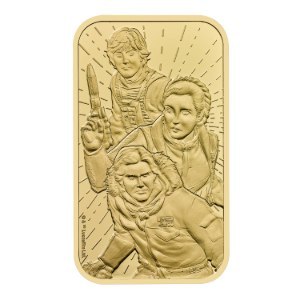 Złota sztabka 1 oz Star Wars The Royal Mint z wizerunkiem Luke’a, Lei i Hana Solo – blister kolekcjonerski 2024