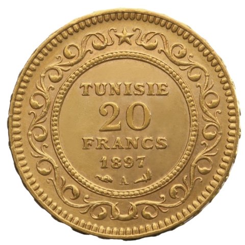 20 Franków Tunezyjskich złota moneta – awers z herbem Tunezji i inskrypcją RÉGENCE DE TUNIS