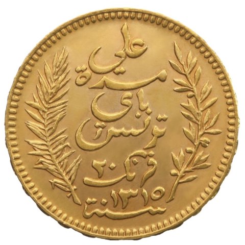 20 Franków Tunezyjskich złota moneta – awers z herbem Tunezji i inskrypcją RÉGENCE DE TUNIS