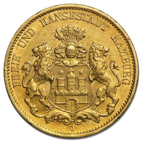 20 Marek Hamburg złota moneta 1875–1913 – awers z herbem miasta