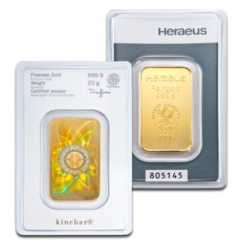 20g Złota Sztabka Heraeus Kinebar® z hologramem Kinegram® – przód