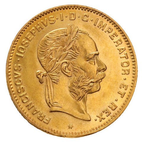 4 Floreny 10 Franków złota moneta – awers z portretem Franciszka Józefa I