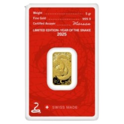 Złota sztabka 5g Rok Węża 2025 - Argor-Heraeus, inwestycyjna sztabka złota w blistrze ochronnym.
