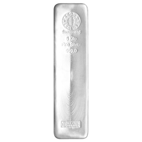 5 kg odlewana sztabka srebra Argor-Heraeus – czystość 999, certyfikat LBMA, oznaczenia mennicze i numer seryjny