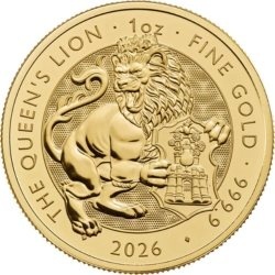 1 oz Tudor Beasts Queens Lion 2026 złota moneta bulionowa w kapslu ochronnym – rewers z heraldycznym lwem