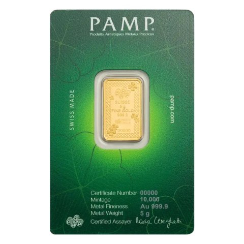 5 g Goldbarren | PAMP | Portafortuna - Vierblättriges Kleeblatt
