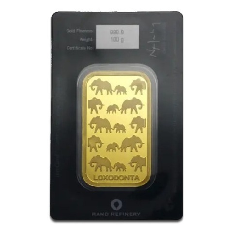 100 g Afrikanischer Elefant Goldbarren | Rand Refinery – Revers