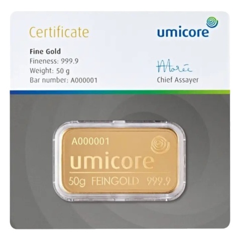 50 g Goldbarren | Umicore – Avers