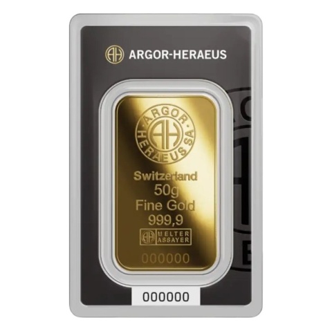 50 g Goldbarren | Argor-Heraeus | Geprägt – Avers